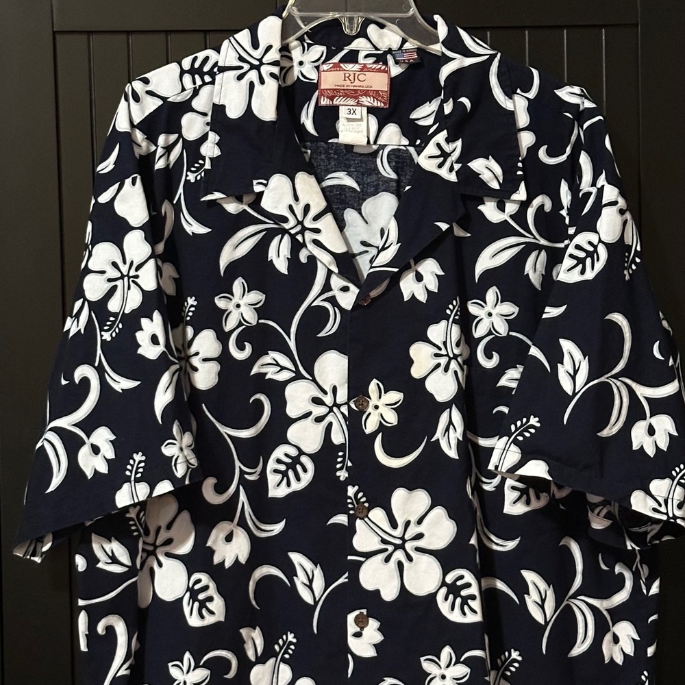 VTG RJC Hawaiian Shirt 3X Navy White Floral Aloha Vintage‎ Y2K Made in Hawaii - Picture 2 of 5